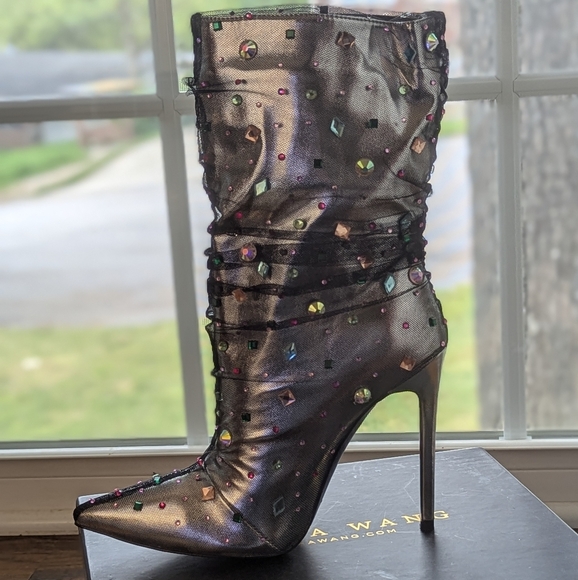 Azalea Wang Silver Rhinestone Slouch Stiletto Boots Glam Statement 7.5 NEW W/Box - Picture 3 of 11